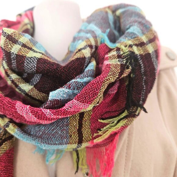 Pink Blue Yellow Burgandy Black Large Plaid Fringe Scarf 52" x 48" - Picture 5 of 7